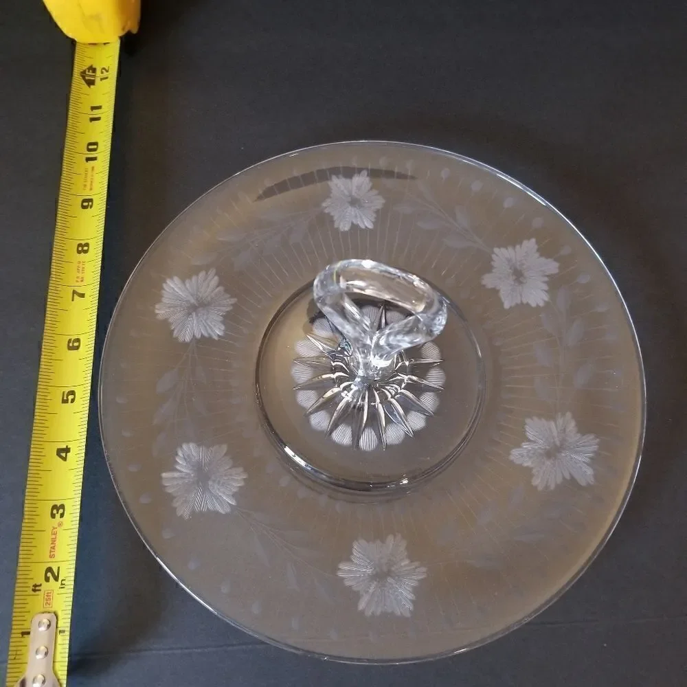 Vintage round etched glass serving tray